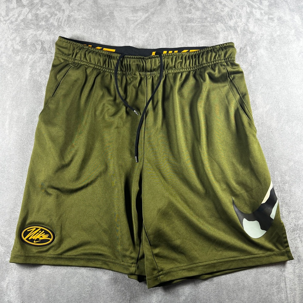 Nike‎ Dri-FIT Mens Shorts Olive Green Camo Swoosh Athletic Gym Training Size M